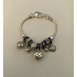 Silver Textured & Black Enamel Dangling Hearts Euro Bead Charm Bracelet